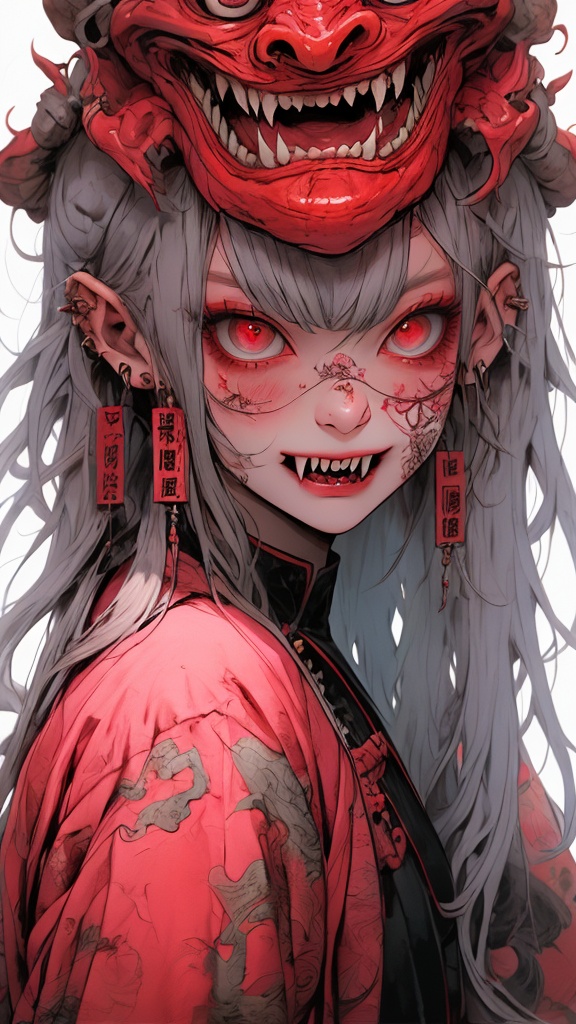 1 girl, forehead charm, Qing Dynasty clothing, zombie, frightened, afraid, dreaming, from the bottom up, scared to wake up, open your eyes, panic, dream of being eaten, the picture is separated from the middle, the dream is on, the male protagonist is on the bottom, surrounded from the middle, the dividing line, 2 girls, cross-eyed, red eyes, 8k, representative, high quality, black clothes, red hair, long ears, upper body, Blushing, fangs, rebel girls