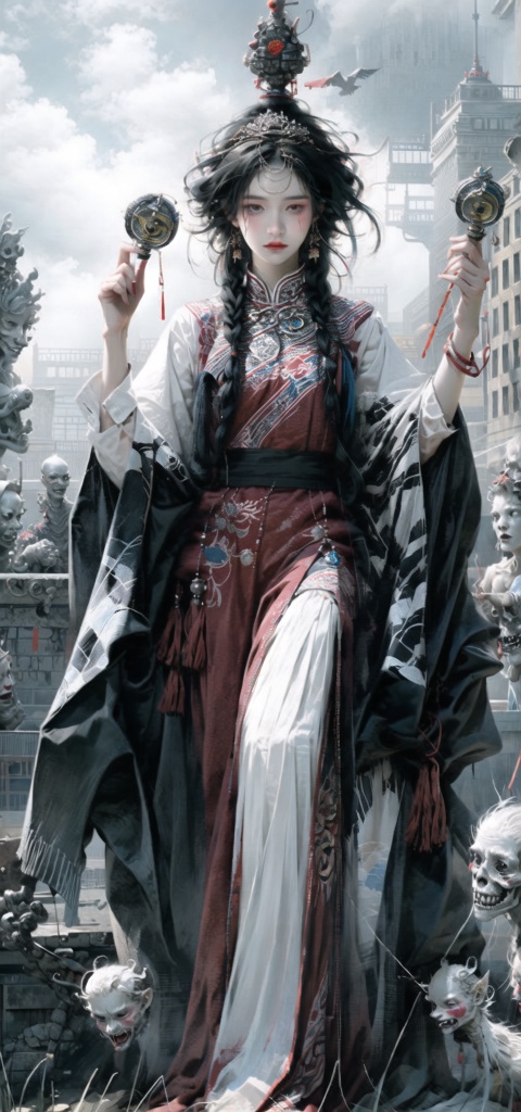 Queen, (holding a long  Silver snake),   Full body display, leaning against the ruins, with a floating skeleton in the background. The Queen's expression is enchanting, her posture is seductive, her hand is holding her face, and there is a flicker of evil energy runes in the background, blood mist filled, and soft light. My feet are covered in bones. Skeletons, many skeletons. Black stockings. Official art, unit 8 k wallpaper, ultra detailed, beautiful and aesthetic, masterpiece, best quality, extremely detailed, dynamic angle, paper skin, radius, iuminosity, cowboyshot, the most beautiful form of Chaos, elegant, a brutalist designed, visual colors, romantici**, by James Jean, roby dwi antono, cross tran, francis bacon, Michael mraz, Adrian ghenie, Petra cortright, Gerhard richter, Takato yamamoto, ashley wood, atmospheric, ecstasy of musical notes, streaming musical notes visible, flowers in full bloom, many bird of parade, deep forests, sunlight, atmosphere, rich details, full body lens, shot from above, shot from below, detail background, beautiful sky, floating hair, perfect face, exquisite facial features, high detail, **ile, Fisheye lens, dynamic angle, dynamic posture,shidudou,cap,hunsha,fanxing,*****,liuli2,qzclothing_white