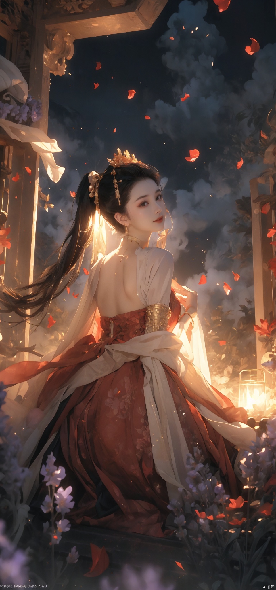  A woman, backlit, white gauze dress, holy light, swaying in the wind, whole body, light and shadow, (black and red smoke as background; 1.8), Official art, 8k wallpaper, super detail, beauty and aesthetics, fine, the best quality, very detailed, dynamic Angle, paper leather, radius, light, cowboy lens, (Trapped in the other side of the flowers :1.7), departure, pain, visual color, romantic, atmospheric, rich in detail, full-body lens, shot from above, shot from below, detailed background, Smooth hair, perfect face, delicate features, high detail, smile, fisheye lens, dynamic Angle, dynamic pose, 1 girl, (petals :1.3), (gilded :1.4), not brightly colored, (lavender gauze :1.4)(petals falling :1.5), trapped goddess, kneeling on the ground in prayer, (harsh environment :1.5), (Pain :1.5)(Prayer :1.4), qingsha, (\shen ming shao nv\), ghostdom, DUNHUANG_CLOTHS