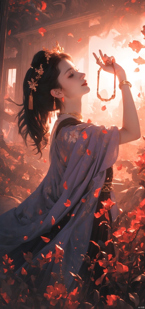  A woman, backlit, white gauze dress, holy light, swaying in the wind, whole body, light and shadow, (black and red smoke as background; 1.8), Official art, 8k wallpaper, super detail, beauty and aesthetics, fine, the best quality, very detailed, dynamic Angle, paper leather, radius, light, cowboy lens, (Trapped in the other side of the flowers :1.7), departure, pain, visual color, romantic, atmospheric, rich in detail, full-body lens, shot from above, shot from below, detailed background, Smooth hair, perfect face, delicate features, high detail, smile, fisheye lens, dynamic Angle, dynamic pose, 1 girl, (petals :1.3), (gilded :1.4), not brightly colored, (lavender gauze :1.4)(petals falling :1.5), trapped goddess, kneeling on the ground in prayer, (harsh environment :1.5), (Pain :1.5)(Prayer :1.4), qingsha, (\shen ming shao nv\)