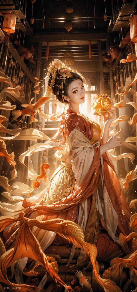 A woman, backlight, white gauze skirt, holy light, swaying with the wind, whole body, light and shadow, (surrounded by goldfish: 1.8), official art, 8k wallpaper, ultra-detail, beauty and aesthetics, exquisiteness, the best, very detail, dynamic angle, paper cover, radius, light, cowboy lens, (holding lanterns: 1.7), let's go. Delicate facial features, high detail, smile, fisheye lens, dynamic angle, dynamic posture, 1 girl, (ripple: 1.3), (tulle: 1.4), dark color, (red gold gauze skirt: 1.4) , trapped goddess, kneeling on the ground to pray, (noble: 1.5).