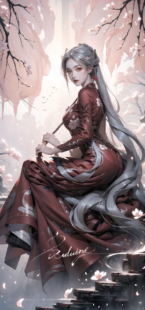  A sister, full body display, official art, unit 8k wallpaper, Flowers in full bloom, parade of many birds, deep in the forest, sunshine, atmosphere, rich details, full body lens, shot from above, shot from below, detailed background, beautiful sky, flowing hair, perfect face, delicate five-length, high detail, smile, fisheye lens, Dynamic Angle, dynamic pose, Brushwork Scattered - Chinese style, (Dramatic, Rugged, intense :1.4), Masterpiece, best quality, 8k, crazy detail, Super Quality, Super Detail, Masterpiece, (Smooth calligraphy :1.4), (Colored ink flow :1.3), 1 girl, fierce shot, White hair, brushwork scattered - Chinese style, monochrome, brushwork Style, pink, Charm, Exaggerated eye makeup, (a red dress: 1.6), ghostdom