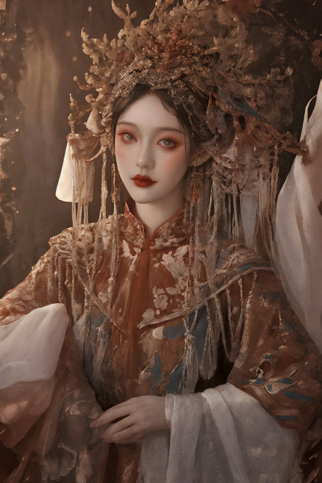 (masterpiece, top quality, best quality),horror (theme),
masterpiece,(masterpiece, top quality, best quality, ((no humans)), scenery, red theme, night,red and gold dress,qzfuling,Ghost Wedding, (Red Wedding Garment),The body is controlled by the puppet string,(masterpiece:1,2), best quality,Pure black eyes, empty eyes
masterpiece, highresoriginal,extremelydetailed wallpaper,perfect
lighting,(extremely detailed CG:1.2),drawing, Put on her own makeuppaintbrush,girl,Puppet show,(Silk control girl:1.2),hand101