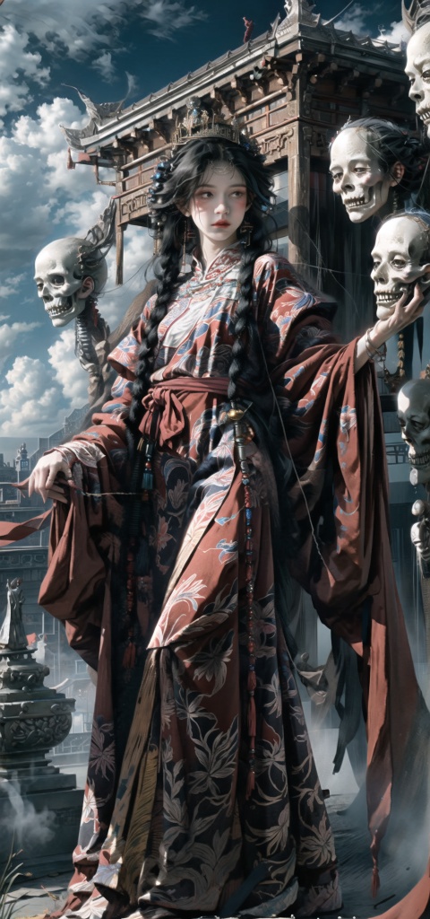 Queen, (holding a long  Silver snake),   Full body display, leaning against the ruins, with a floating skeleton in the background. The Queen's expression is enchanting, her posture is seductive, her hand is holding her face, and there is a flicker of evil energy runes in the background, blood mist filled, and soft light. My feet are covered in bones. Skeletons, many skeletons. Black stockings. Official art, unit 8 k wallpaper, ultra detailed, beautiful and aesthetic, masterpiece, best quality, extremely detailed, dynamic angle, paper skin, radius, iuminosity, cowboyshot, the most beautiful form of Chaos, elegant, a brutalist designed, visual colors, romantici**, by James Jean, roby dwi antono, cross tran, francis bacon, Michael mraz, Adrian ghenie, Petra cortright, Gerhard richter, Takato yamamoto, ashley wood, atmospheric, ecstasy of musical notes, streaming musical notes visible, flowers in full bloom, many bird of parade, deep forests, sunlight, atmosphere, rich details, full body lens, shot from above, shot from below, detail background, beautiful sky, floating hair, perfect face, exquisite facial features, high detail, **ile, Fisheye lens, dynamic angle, dynamic posture,shidudou,cap,hunsha,fanxing,*****,liuli2,qzclothing_white