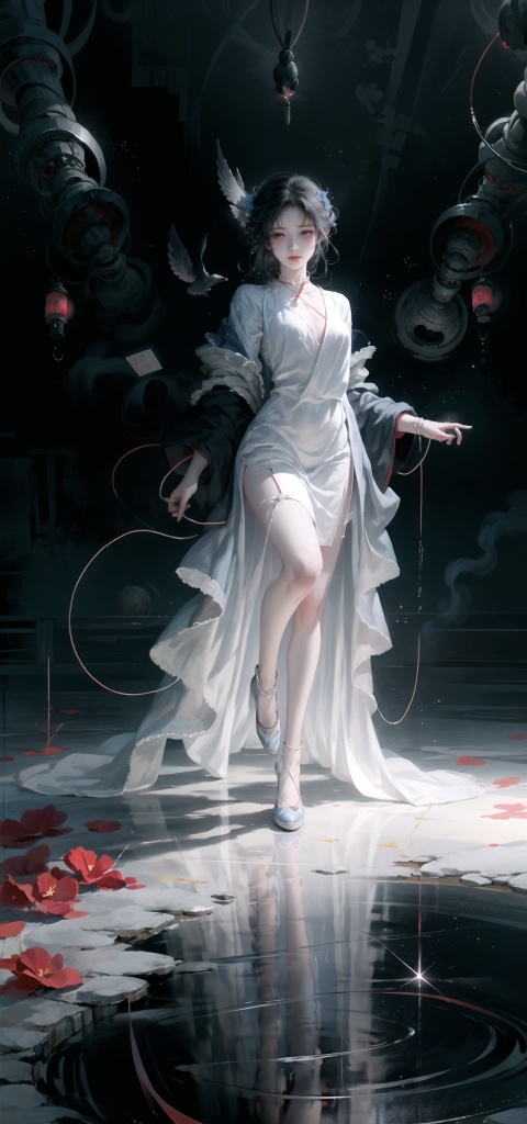 Queen, (holding a long  Silver snake),   Full body display, leaning against the ruins, with a floating skeleton in the background. The Queen's expression is enchanting, her posture is seductive, her hand is holding her face, and there is a flicker of evil energy runes in the background, blood mist filled, and soft light. My feet are covered in bones. Skeletons, many skeletons. Black stockings. Official art, unit 8 k wallpaper, ultra detailed, beautiful and aesthetic, masterpiece, best quality, extremely detailed, dynamic angle, paper skin, radius, iuminosity, cowboyshot, the most beautiful form of Chaos, elegant, a brutalist designed, visual colors, romantici**, by James Jean, roby dwi antono, cross tran, francis bacon, Michael mraz, Adrian ghenie, Petra cortright, Gerhard richter, Takato yamamoto, ashley wood, atmospheric, ecstasy of musical notes, streaming musical notes visible, flowers in full bloom, many bird of parade, deep forests, sunlight, atmosphere, rich details, full body lens, shot from above, shot from below, detail background, beautiful sky, floating hair, perfect face, exquisite facial features, high detail, **ile, Fisheye lens, dynamic angle, dynamic posture,shidudou,cap,hunsha,fanxing,*****,liuli2,qzclothing_white,wuxia
