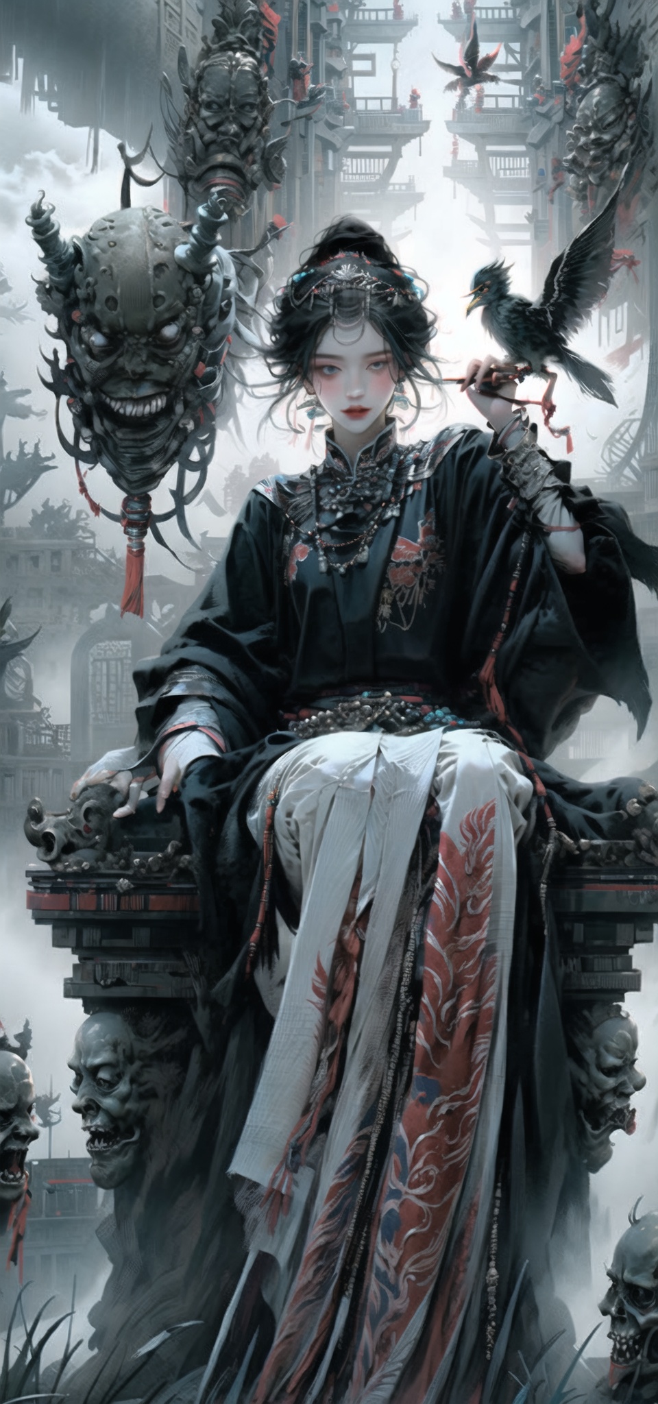 white_hair,Queen,holding a long Silver snake,   Full body display, leaning against the ruins, with a floating snake in the background. The Queen's expression is enchanting, her posture is seductive, her hand is holding Silver snake , and there is a flicker of evil energy runes in the background, blood mist filled, and soft light. My feet are covered in bones. Skeletons, many skeletons. Black stockings. Official art, unit 8 k wallpaper, ultra detailed, beautiful and aesthetic, masterpiece, best quality, extremely detailed, dynamic angle, paper skin, radius, iuminosity, cowboyshot, the most beautiful form of Chaos, elegant, a brutalist designed, visual colors, romantici**, by James Jean, roby dwi antono, cross tran, francis bacon, Michael mraz, Adrian ghenie, Petra cortright, Gerhard richter, Takato yamamoto, ashley wood, atmospheric, ecstasy of musical notes, streaming musical notes visible, flowers in full bloom, many bird of parade, deep forests, sunlight, atmosphere, rich details, full body lens, shot from above, shot from below, detail background, beautiful sky, floating hair, perfect face, exquisite facial features, high detail, **ile, Fisheye lens, dynamic angle, dynamic posture,shidudou,cap,hunsha,fanxing,*****,liuli2,qzclothing_white,yuhuo,bifang,dahuangdongjing,jiangchen,Fractal,ghostdom,monster,east_asian_architecture,Daofa Rune,Rebellious girl