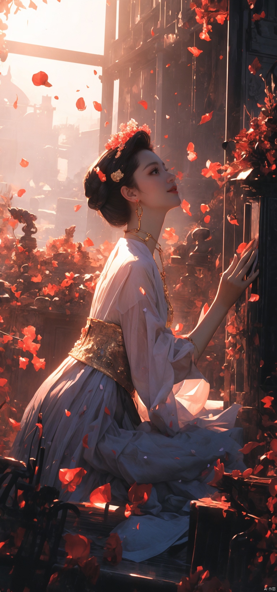  A woman, backlit, white gauze dress, holy light, swaying in the wind, whole body, light and shadow, (black and red smoke as background; 1.8), Official art, 8k wallpaper, super detail, beauty and aesthetics, fine, the best quality, very detailed, dynamic Angle, paper leather, radius, light, cowboy lens, (Trapped in the other side of the flowers :1.7), departure, pain, visual color, romantic, atmospheric, rich in detail, full-body lens, shot from above, shot from below, detailed background, Smooth hair, perfect face, delicate features, high detail, smile, fisheye lens, dynamic Angle, dynamic pose, 1 girl, (petals :1.3), (gilded :1.4), not brightly colored, (lavender gauze :1.4)(petals falling :1.5), trapped goddess, kneeling on the ground in prayer, (harsh environment :1.5), (Pain :1.5)(Prayer :1.4), qingsha, (\shen ming shao nv\)