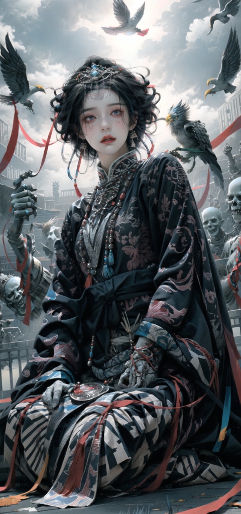 Queen, (holding a long  Silver snake),   Full body display, leaning against the ruins, with a floating skeleton in the background. The Queen's expression is enchanting, her posture is seductive, her hand is holding her face, and there is a flicker of evil energy runes in the background, blood mist filled, and soft light. My feet are covered in bones. Skeletons, many skeletons. Black stockings. Official art, unit 8 k wallpaper, ultra detailed, beautiful and aesthetic, masterpiece, best quality, extremely detailed, dynamic angle, paper skin, radius, iuminosity, cowboyshot, the most beautiful form of Chaos, elegant, a brutalist designed, visual colors, romantici**, by James Jean, roby dwi antono, cross tran, francis bacon, Michael mraz, Adrian ghenie, Petra cortright, Gerhard richter, Takato yamamoto, ashley wood, atmospheric, ecstasy of musical notes, streaming musical notes visible, flowers in full bloom, many bird of parade, deep forests, sunlight, atmosphere, rich details, full body lens, shot from above, shot from below, detail background, beautiful sky, floating hair, perfect face, exquisite facial features, high detail, **ile, Fisheye lens, dynamic angle, dynamic posture,shidudou,cap,hunsha,fanxing,*****,liuli2,qzclothing_white