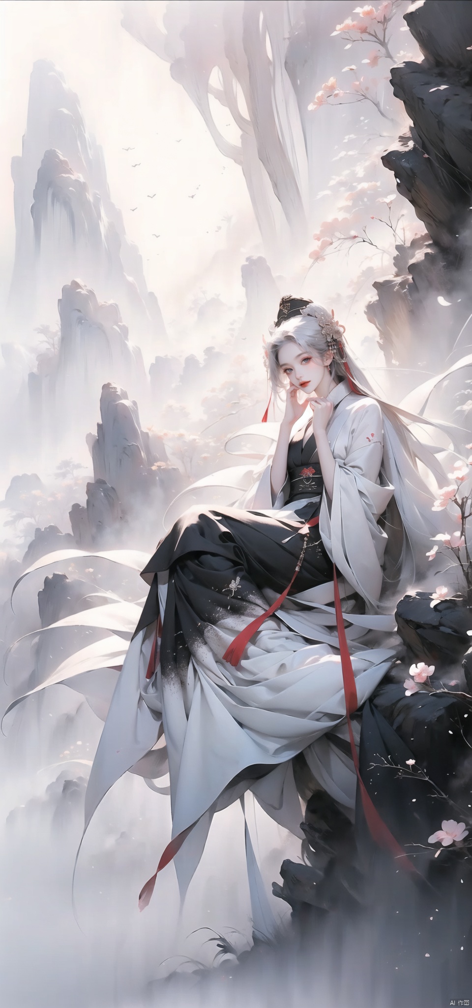  A senior sister, Full body display, Sad expression, pain, wailing, blood on face, knife swing,Seduction, Potala Palace, setting sun in the background,graceful posture, long white hair, The Queen's expression is enchanting, her posture is seductive, her hand is holding her face, and there is a flicker of evil energy runes in the background, blood mist filled, and soft light. Black stockings. Official art, unit 8 k wallpaper, ultra detailed, beautiful and aesthetic, masterpiece, best quality, extremely detailed, dynamic angle, paper skin, radius, iuminosity, cowboyshot, the most beautiful form of Chaos, elegant, a brutalist designed, visual colors, romantici**, atmospheric, ecstasy of musical notes, streaming musical notes visible, flowers in full bloom, many bird of parade, deep forests, sunlight, atmosphere, rich details, full body lens, shot from above, shot from below, detail background, beautiful sky, floating hair, perfect face, exquisite facial features, high detail, **ile, Fisheye lens, dynamic angle, dynamic posture,cry,hand101,guof, chang, Ink scattering_Chinese style,（Black clothes：1.5）