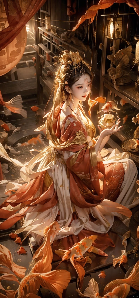 A woman, backlight, white gauze skirt, holy light, swaying with the wind, whole body, light and shadow, (surrounded by goldfish: 1.8), official art, 8k wallpaper, ultra-detail, beauty and aesthetics, exquisiteness, the best, very detail, dynamic angle, paper cover, radius, light, cowboy lens, (holding lanterns: 1.7), let's go. Delicate facial features, high detail, smile, fisheye lens, dynamic angle, dynamic posture, 1 girl, (ripple: 1.3), (tulle: 1.4), dark color, (red gold gauze skirt: 1.4) , trapped goddess, kneeling on the ground to pray, (noble: 1.5).