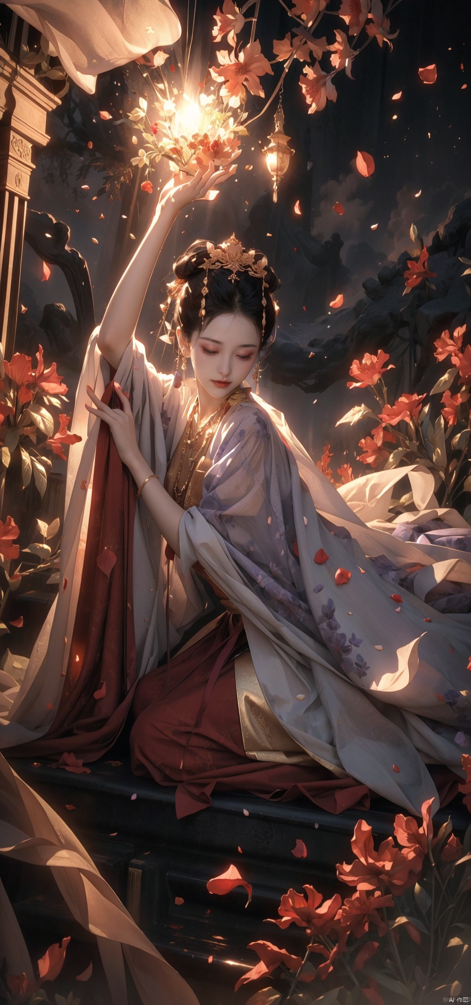  A woman, backlit, white gauze dress, holy light, swaying in the wind, whole body, light and shadow, (black and red smoke as background; 1.8), Official art, 8k wallpaper, super detail, beauty and aesthetics, fine, the best quality, very detailed, dynamic Angle, paper leather, radius, light, cowboy lens, (Trapped in the other side of the flowers :1.7), departure, pain, visual color, romantic, atmospheric, rich in detail, full-body lens, shot from above, shot from below, detailed background, Smooth hair, perfect face, delicate features, high detail, smile, fisheye lens, dynamic Angle, dynamic pose, 1 girl, (petals :1.3), (gilded :1.4), not brightly colored, (lavender gauze :1.4)(petals falling :1.5), trapped goddess, kneeling on the ground in prayer, (harsh environment :1.5), (Pain :1.5)(Prayer :1.4)
