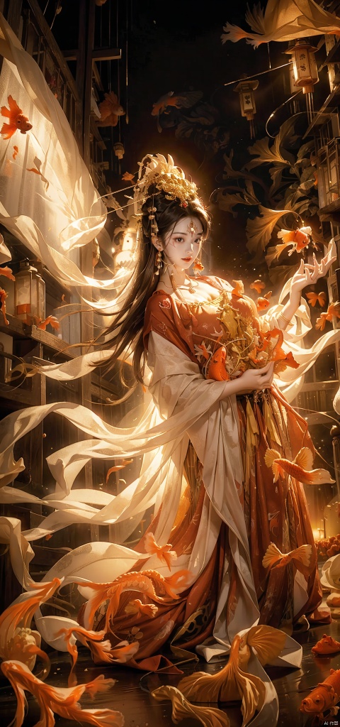  A woman, backlight, white gauze skirt, holy light, swaying with the wind, whole body, light and shadow, (surrounded by goldfish: 1.8), official art, 8k wallpaper, ultra-detail, beauty and aesthetics, exquisiteness, the best, very detail, dynamic angle, paper cover, radius, light, cowboy lens, (holding lanterns: 1.7), let's go. Delicate facial features, high detail, smile, fisheye lens, dynamic angle, dynamic posture, 1 girl, (ripple: 1.3), (tulle: 1.4), dark color, (red gold gauze skirt: 1.4) , trapped goddess, kneeling on the ground to pray, (noble: 1.5).