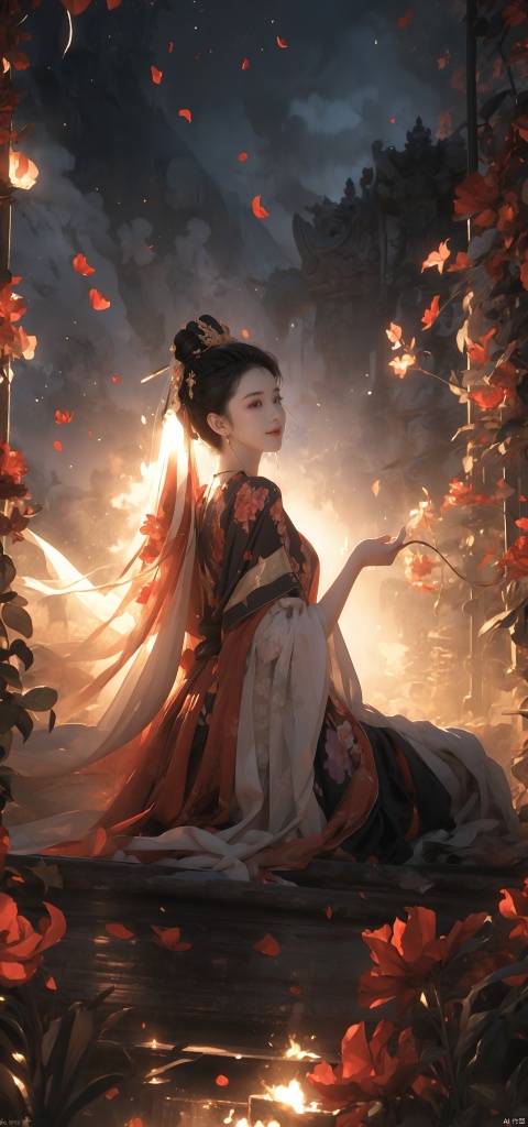  A woman, backlit, white gauze dress, holy light, swaying in the wind, whole body, light and shadow, (black and red smoke as background; 1.8), Official art, 8k wallpaper, super detail, beauty and aesthetics, fine, the best quality, very detailed, dynamic Angle, paper leather, radius, light, cowboy lens, (Trapped in the other side of the flowers :1.7), departure, pain, visual color, romantic, atmospheric, rich in detail, full-body lens, shot from above, shot from below, detailed background, Smooth hair, perfect face, delicate features, high detail, smile, fisheye lens, dynamic Angle, dynamic pose, 1 girl, (petals :1.3), (gilded :1.4), not brightly colored, (lavender gauze :1.4)(petals falling :1.5), trapped goddess, kneeling on the ground in prayer, (harsh environment :1.5), (Pain :1.5)(Prayer :1.4), qingsha, (\shen ming shao nv\), ghostdom, DUNHUANG_CLOTHS