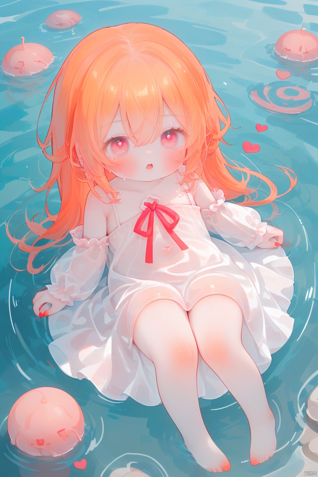  1girl,fat girl,full figure, long hair,looking up to viewer,orange hair, heart shaped pupils, charming face,loli,kid,
white skin,white body,shiny skin,
long sleeves,hair between eyes, bare shoulders,
full body,lie on water,fat thighs,thigh strap, pink dress, red nails,ripples,nsfw,nude,transparent tentacles,barefoot, Shifengji