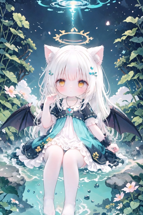  white hair,yellow eyes,looking up,stockings,long hair,hime cut,messy hair,floating hair,demon wings,halo,cross necklace,holy,divinity,shine,holy light,cat girl,(loli),(petite),solo, chibi