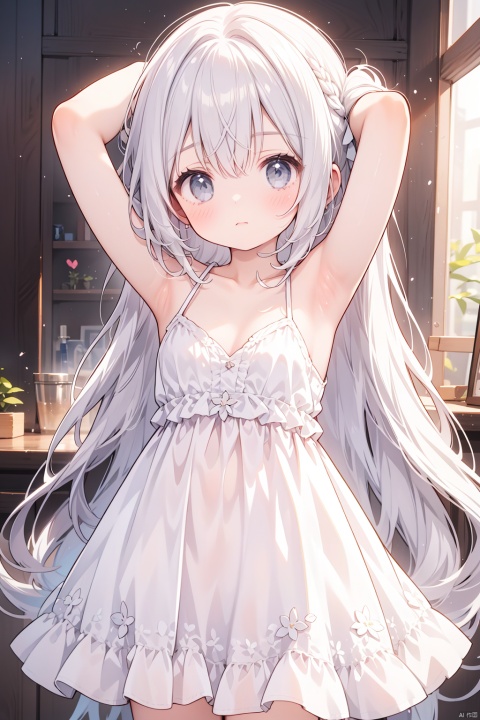  loli,petite,1girl, solo, long_hair, breasts, dress, grey_eyes, arms_up, grey_hair, hands_in_hair, collarbone, white_dress, armpits, bangs, cleavage, closed_mouth, looking_at_viewer, sleeveless, sleeveless_dress, cowboy_shot, blush