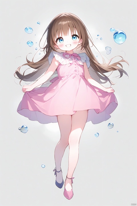1girl, blue_eyes, brown_hair, bubble, dress, fish, full_body, high_heels, long_hair, looking_at_viewer, pink_dress, ribbon, simple_background, smile, solo, white_background