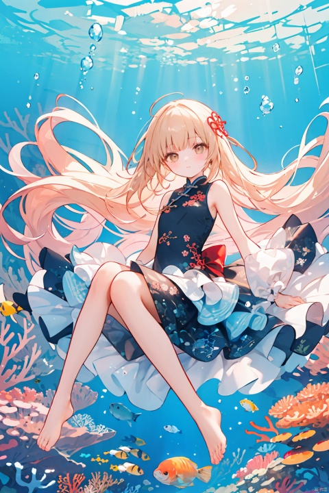  (masterpiece), (best quality),(illustration), ((chinese colorful ink)),wide shot, best quality, epic scenes, impactful visuals, 
1girl, solo, long hair, looking at viewer, blush, blonde hair, bow, brown eyes, very long hair, dress, underwater, barefoot, jellyfish, bubble, bangs, coral, bare legs, sleeveless, full body, air bubble, fish, nai3