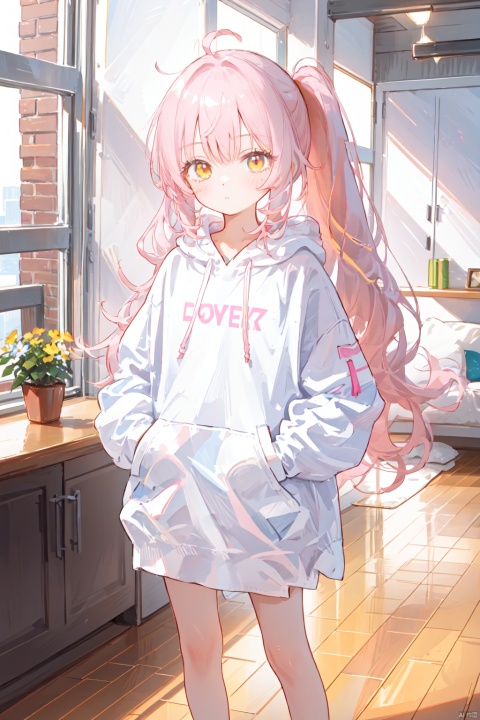 1petite loli, solo.pink hair, long pink hair, (yellow eyes), hair flower, fipped hair, high ponytail, loose over_sized Casual T-shirt, white shirt, hoodie coat, bare legs, slippers;relaxed, one-eye_closed, adjusting hair, looking at viewer, standing.