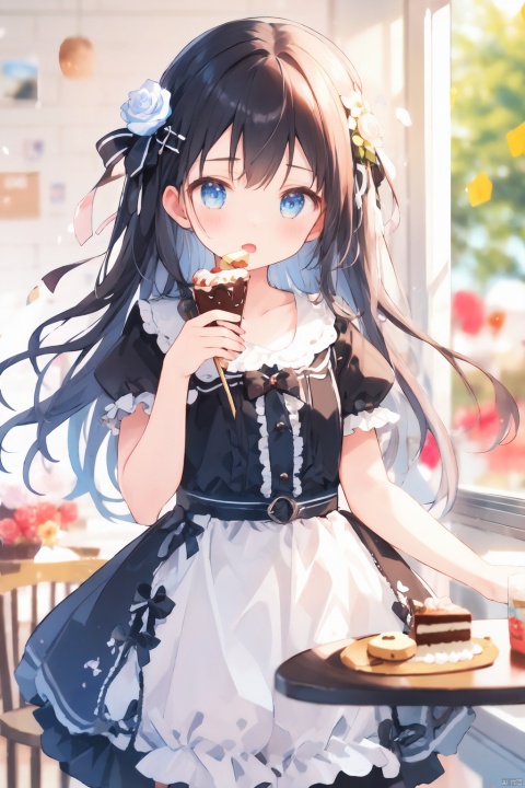 1girl, bloomers, blue_rose, blurry, blurry_background, blurry_foreground, cake, candy, checkerboard_cookie, coin, cookie, cup, depth_of_field, dress, eyebrows_visible_through_hair, flower,