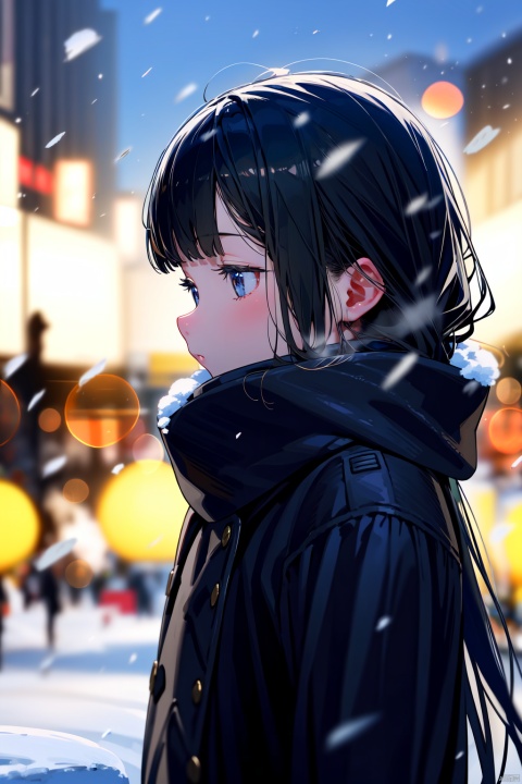 (masterpiece),(best quality),1girl, black_coat, black_hair, blurry, blurry_background, blurry_foreground, bokeh, city_lights, coat, depth_of_field, from_side, jacket, lens_flare, long_hair, long_sleeves, looking_away, motion_blur, outdoors, scarf, snow, snowing, solo, upper_body