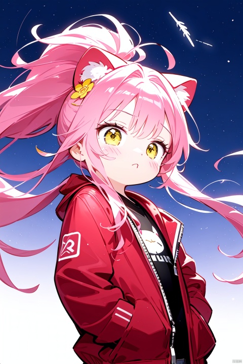 Pink hair,Yellow eyes, (red Jacket),high ponytail,hair flower,fipped hair,floating hair,Frown,hands in pockets,black t-shirt,(solo),long hair,messy hair,hair flowing over,falling feathers,beam saber,night sky,white cat ears,zis
