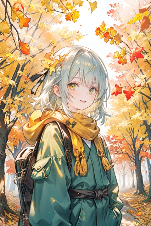 bpstyle,1girl,solo,outdoor,autumn leaves,forest,(ginkgo leaf), shot hair,smile,yellow clothes, bpstyle,tuyagirl