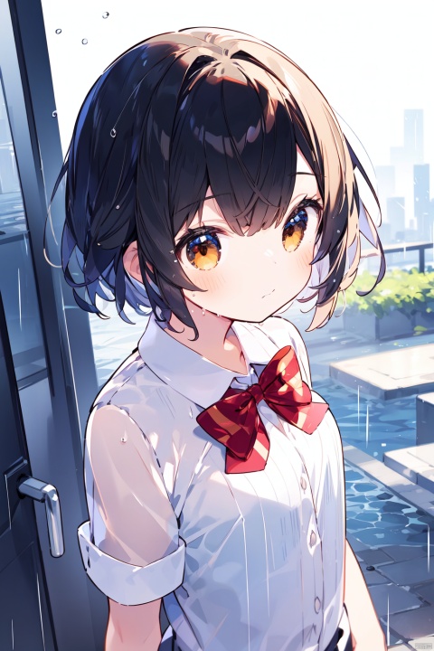 1girl, solo, shirt, black_hair, looking_at_viewer, skirt, short_hair, school_uniform, wet, wet_clothes, rain, white_shirt, bangs, breasts, short_sleeves, bow, pleated_skirt, black_skirt, closed_mouth, see-through, bowtie, medium_breasts, red_bow, bra, collared_shirt, from_side, wet_hair, underwear, outdoors, blurry, brown_eyes, red_bowtie, striped_bow, wet_shirt, dress_shirt, striped_bowtie, hand_up, striped, upper_body, hair_between_eyes, standing, looking_to_the_side