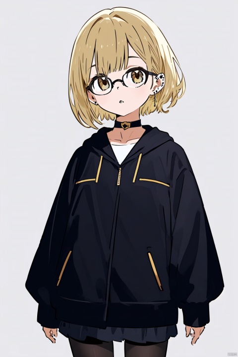 1girl, bangs, bespectacled, black-framed_eyewear, black_jacket, black_legwear, blonde_hair, choker, cowboy_shot, ear_piercing, earrings, from_side, glasses, jacket, jewelry, long_sleeves, looking_at_viewer, pantyhose, piercing, red_background, round_eyewear, semi-rimless_eyewear, short_hair, simple_background, skirt, solo