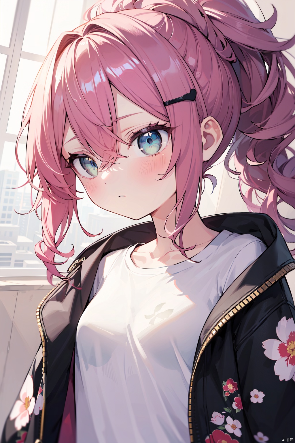 masterpiece,loli,(petite:1.2),high ponytail,medium breast,(panorama:1.2),caustics,best quality,beautiful detailed eyes,(pink hair),wavy hair,disheveled hair, messy hair, long bangs, hairs between eyes, extremely detailed, floating hair,solo, best quality, masterpiece, highres, original, extremely detailed wallpaper,{an extremely delicate and beautiful}++++loose clothes,(white t-shirt:1.4),(black open jacket:1.2),++hairclip+/*/*/*++(floral print:1.2)+/*/*/*+++yellow eyes, {beautiful eyes},solo,