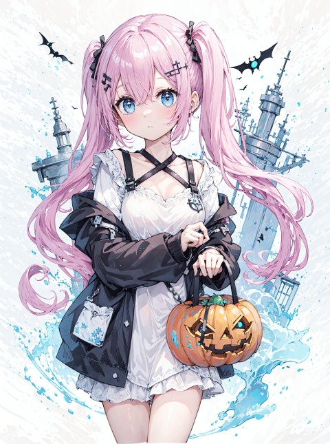  (databook:1.4), (concept art:1.2),(double v:1.2),halloween costume,pumpkin,skull on head,tombstone,genie,star hair ornament,flame,+++++masterpiece,loli,(petite:1.2),high ponytail,medium breast,(panorama:1.2),caustics,best quality,beautiful detailed eyes,(pink hair),wavy hair,disheveled hair, messy hair, long bangs, hairs between eyes, extremely detailed, floating hair,solo, best quality, masterpiece, highres, original, extremely detailed wallpaper,{an extremely delicate and beautiful}++++loose clothes,(white t-shirt:1.4),(black open jacket:1.2),++hairclip+/*/*/*++(floral print:1.2)+/*/*/*+++blue eyes, {beautiful eyes},solo,