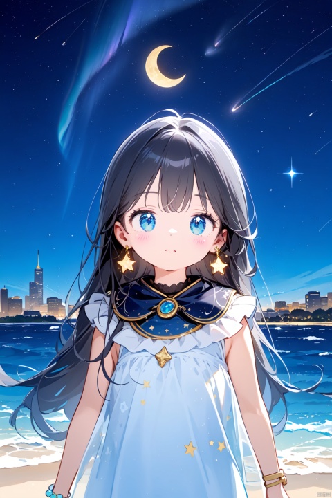 1girl, aurora, bracelet, city_lights, constellation, crescent_moon, earrings, earth_\(planet\), fireworks, galaxy, jewelry, light_particles, long_hair, magic, magic_circle, milky_way, moon, night, night_sky, planet, shooting_star, sky, space, sparkle, star_\(sky\), starry_sky, starry_sky_print, water, waves