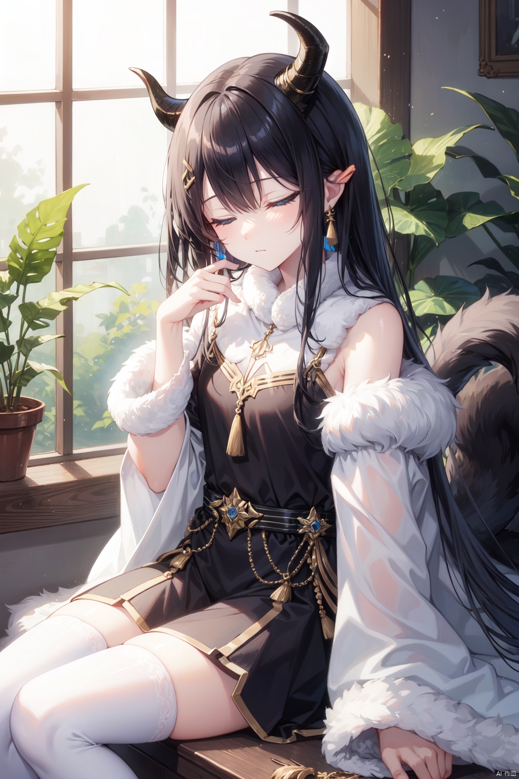 black hair, long hair, blue eyes, sitting, 1boy, 1girl, window, horns, fur trim, jewelry, watermark, bangs, indoors, tassel, tail, closed eyes, long sleeves, white hair, thighhighs, artist name, plant, wide sleeves