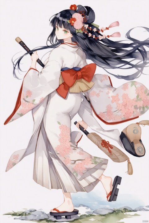 1girl, black_hair, flower, full_body, geta, green_eyes, hair_flower, hair_ornament, holding, japanese_clothes, kimono, long_hair, sandals, simple_background, solo, staff, tabi, very_long_hair, weapon, white_background, wide_sleeves, watercolor