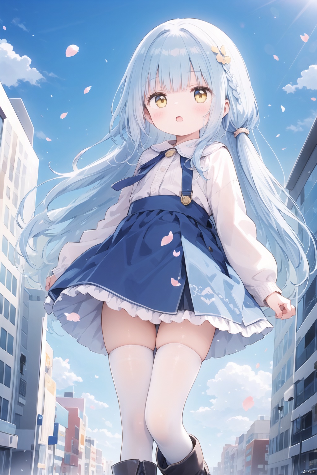 1girl, blue_sky, boots, building, cloud, day, long_hair, open_mouth, outdoors, petals, skirt, sky, solo, thighhighs, yellow_eyes