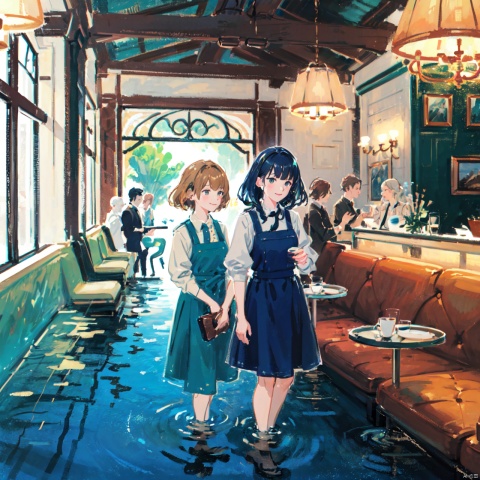 masterpiece, high quality, 8K, high resolution, ultra-detailed, anime, natural lighting, ultra detailed skin, ultra detailed face, cinematic style, stylish, A female waitress at a trendy underwater cafe, face shot, perspective: eye-level, (3girls female staff, smiling, standing), customer, elegant, serene, aquatic, intimate, modern, soft lighting, blue-green tones, (hospitality:1.3), setting: submerged, decor: chic, mood: welcoming, ambiance: tranquil, interaction: guiding, clothing: fashionable uniform, posture: attentive, environment: marine-themed, texture: fluid, lighting: ambient, expression: professional