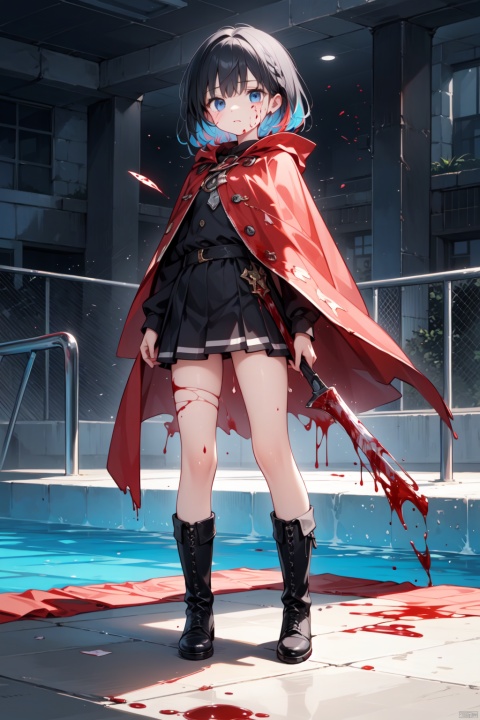 1girl, black_hair, blood, blood_from_mouth, blood_on_clothes, blood_on_face, blood_on_hands, blood_on_weapon, blood_splatter, blood_stain, boots, cape, cuts, death, full_body, injury, joints, multicolored_hair, pool_of_blood, red_cape, ruby_rose, solo, standing, torn_cape, torn_clothes