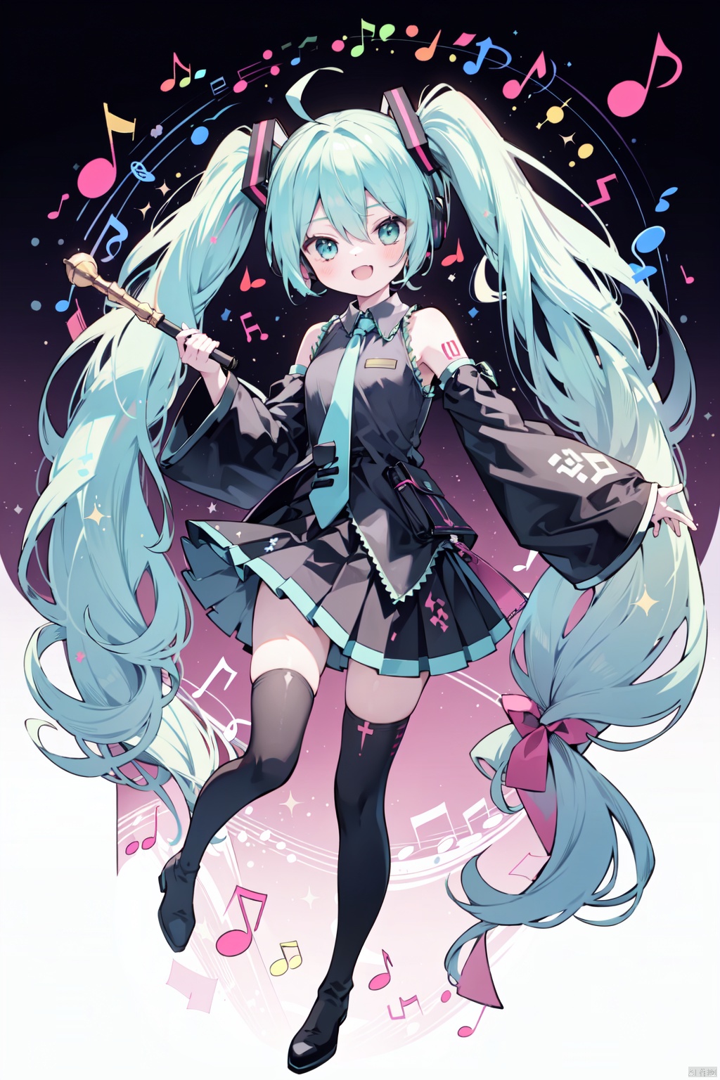 1girl, beamed_eighth_notes, beamed_sixteenth_notes, black_skirt, boots, detached_sleeves, eighth_note, floating_hair, hair_between_eyes, hatsune_miku, holding, long_hair, looking_at_viewer, musical_note, necktie, open_mouth, pleated_skirt, quarter_note, shirt, sixteenth_note, skirt, smile, solo, staff_\(music\), thigh_boots, thighhighs, treble_clef, twintails, very_long_hair, white_legwear