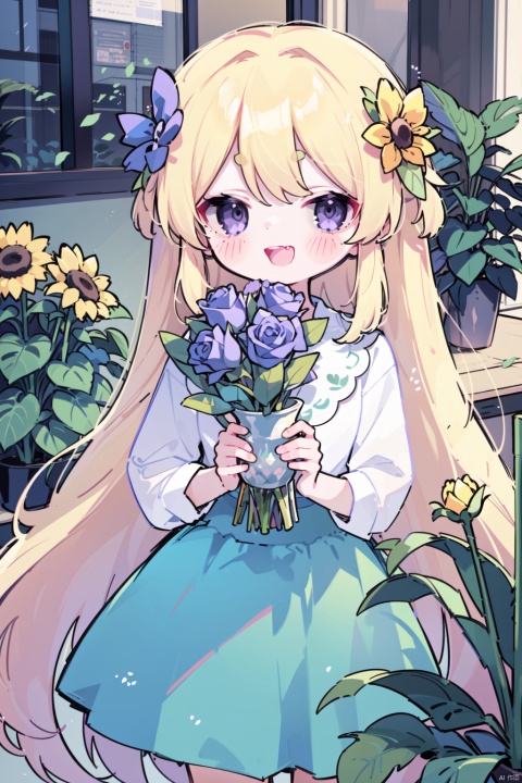 1girl, :d, bangs, blonde_hair, blue_flower, blue_rose, blue_skirt, bouquet, eyebrows_visible_through_hair, flower, hair_ornament, holding, holding_flower, leaf, lily_\(flower\), long_hair, looking_at_viewer, morning_glory, open_mouth, pink_rose, plant, potted_plant, purple_eyes, purple_flower, purple_rose, red_rose, rose, shirt, skirt, smile, solo, sunflower, tulip, vase, very_long_hair, vines, white_shirt, yellow_flower, yellow_rose