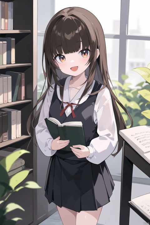 1girl, :d, bangs, barefoot, black_skirt, blurry_foreground, book, book_stack, bookmark, brown_hair, eyebrows_visible_through_hair, feathers, floating, holding, holding_book, kunikida_hanamaru, leaf, long_hair, long_sleeves, notebook, open_book, open_mouth, paper, papers, pen, pencil, plant, pleated_skirt, reading, school_uniform, serafuku, sheet_music, skirt, smile, solo, white_background