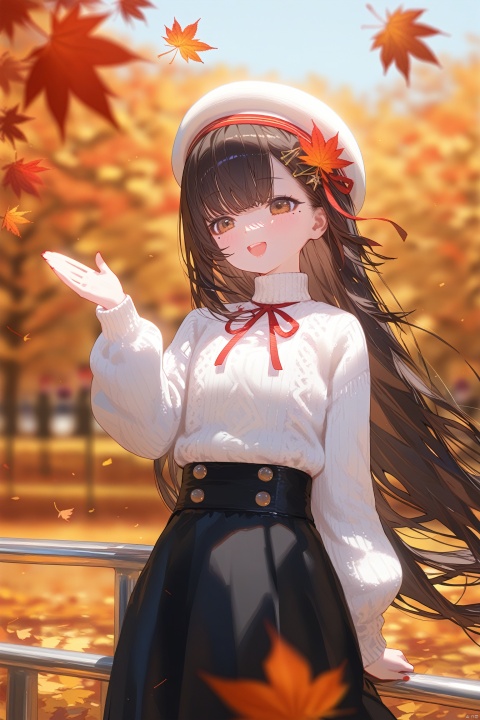 1girl, solo, skirt, long_hair, hat, maple_leaf, white_headwear, black_skirt, outdoors, long_sleeves, autumn_leaves, white_sweater, beret, bangs, smile, day, railing, red_ribbon, sweater, blurry, leaf, ribbon, very_long_hair, hair_between_eyes, depth_of_field, open_mouth, :d, hair_ornament, blurry_background, autumn, neck_ribbon, mole_under_eye, hand_up, puffy_long_sleeves, wind, puffy_sleeves, black_hair, brown_eyes, turtleneck
