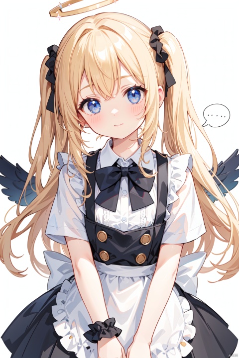  best quality, amazing quality, very aesthetic,long hair, 1girl, solo, halo, long_hair, blue_eyes, blonde_hair, apron, forehead, blue_apron, blush, spoken_blush, bow, wings, skirt, shirt, short_sleeves, two_side_up, black_bow, mini_wings, looking_at_viewer, white_shirt, black_skirt, scrunchie, id_card, wrist_scrunchie, collared_shirt, closed_mouth, strap_slip, striped_bow, very_long_hair, bowtie, blue_background, own_hands_together, striped, twitter_username, black_bowtie, pleated_skirt, white_wings, striped_bowtie, sparkle, bangs, white_scrunchie, flying_sweatdrops