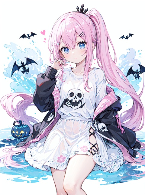 (databook:1.4), (concept art:1.2),(double v:1.2),halloween costume,pumpkin,skull on head,tombstone,genie,star hair ornament,flame,+++++masterpiece,loli,(petite:1.2),high ponytail,medium breast,(panorama:1.2),caustics,best quality,beautiful detailed eyes,(pink hair),wavy hair,disheveled hair, messy hair, long bangs, hairs between eyes, extremely detailed, floating hair,solo, best quality, masterpiece, highres, original, extremely detailed wallpaper,{an extremely delicate and beautiful}++++loose clothes,(white t-shirt:1.4),(black open jacket:1.2),++hairclip+/*/*/*++(floral print:1.2)+/*/*/*+++blue eyes, {beautiful eyes},solo,