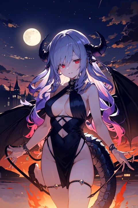 1girl, bare_shoulders, bat_wings, black_wings, breasts, castle, cloud, cloudy_sky, demon_girl, demon_horns, demon_tail, demon_wings, dragon, dragon_girl, dragon_horns, dragon_tail, dragon_wings, dusk, embers, evening, fire, gradient_sky, horns, jewelry, large_breasts, light_particles, long_hair, looking_at_viewer, moon, navel, night, night_sky, orange_sky, outdoors, parted_lips, pelvic_curtain, purple_sky, red_eyes, ruins, shooting_star, silver_hair, sky, solo, star_\(sky\), starry_sky, sunset, tail, thighs, twilight, wings