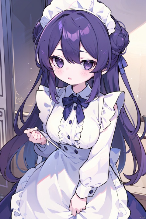 1girl, apron, bangs, breasts, buttons, double_bun, dress, long_hair, long_sleeves, looking_at_viewer, maid, maid_headdress, mole, open_mouth, puffy_sleeves, purple_eyes, solo, white_apron