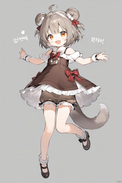 1girl, animal ears, solo, tail, smile, double bun, open mouth, dress, hair bun, white background, bloomers, jumping, orange eyes, brown dress, simple background, underwear, korean text, bow, looking at viewer, full body, fang, bare shoulders, :d, fur trim, grey hair, ahoge, red bow, medium hair, brown hair, wrist cuffs