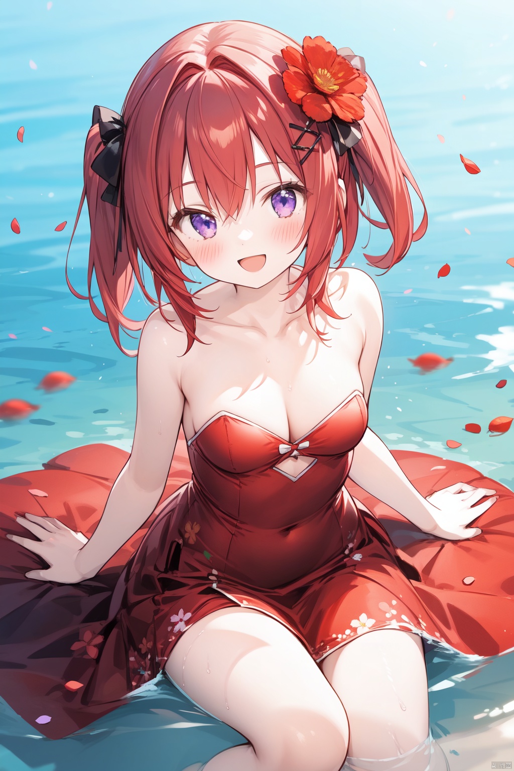 petite,loli,1girl, nishikino_maki, solo, breasts, dress, red_hair, red_dress, hair_ornament, cleavage, purple_eyes, flower, looking_at_viewer, sitting, hair_flower, petals, strapless, medium_breasts, strapless_dress, smile, blush, open_mouth, bare_shoulders, red_flower, partially_submerged, water, medium_hair, blurry