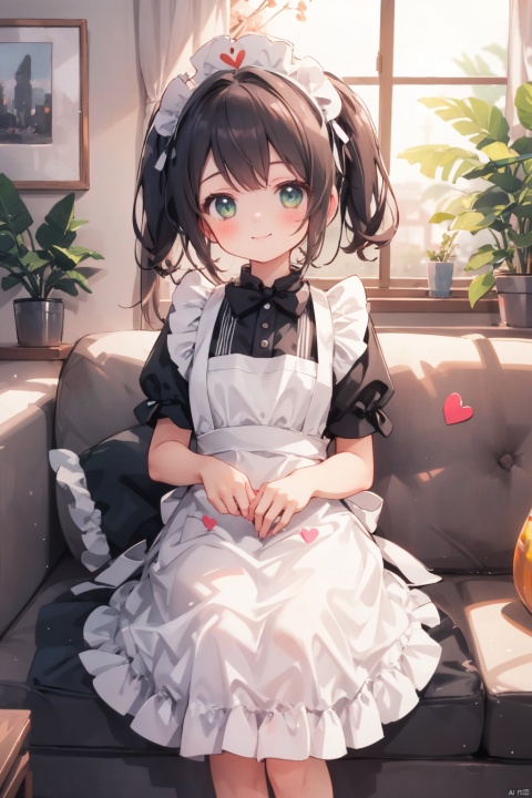 1girl, apron, blurry, blurry_background, blurry_foreground, blush, bow, couch, depth_of_field, enmaided, frills, heart, indoors, leaf, long_hair, looking_at_viewer, maid, maid_apron, maid_headdress, minami_kotori, one_side_up, palm_tree, plant, potted_plant, short_sleeves, smile, solo, tanabata, tanzaku, white_apron