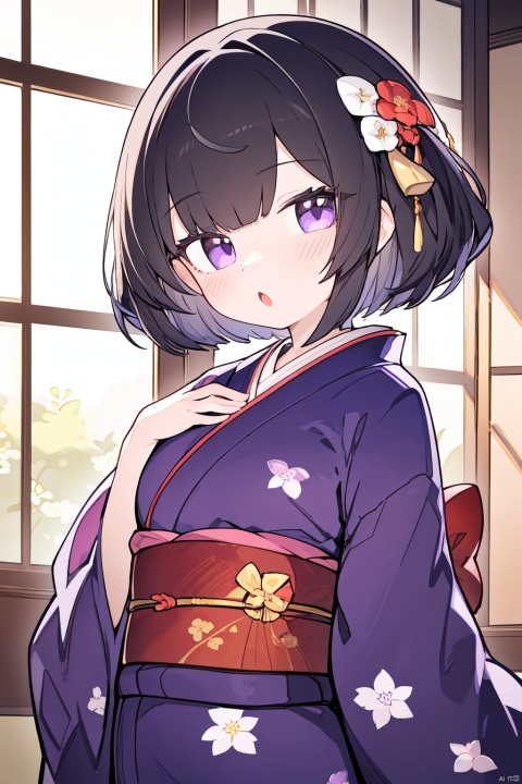 1girl, solo, japanese_clothes, kimono, indoors, purple_eyes, floral_print, wide_sleeves, obi, sash, bangs, blush, black_hair, bow, yellow_kimono, print_kimono, hair_bow, looking_at_viewer, short_hair, long_sleeves, parted_lips, :o, hand_on_own_chest, hair_ornament, upper_body, window