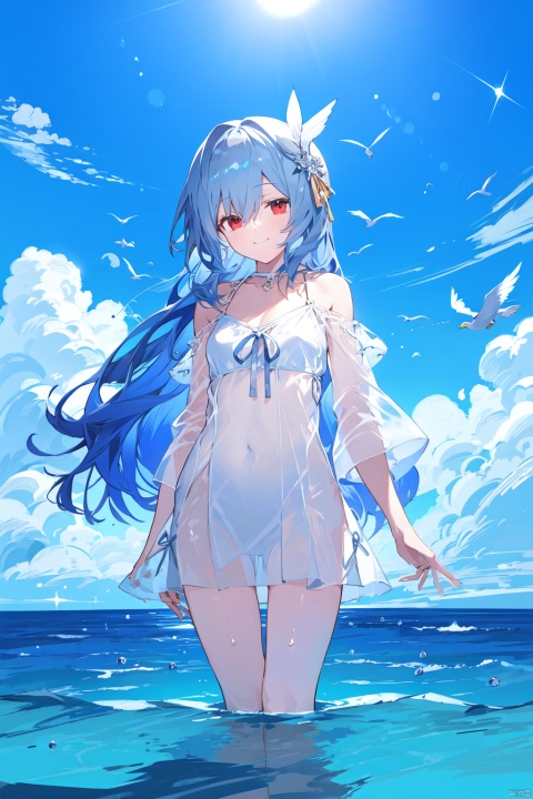 1girl, animal, bare_shoulders, bird, blue_hair, blue_sky, breasts, cloud, day, dove, fish, flock, long_hair, looking_at_viewer, ocean, outdoors, red_eyes, ribbon, seagull, see-through, sky, smile, solo, sparkle, standing, standing_on_liquid, very_long_hair, wading, water, white_ribbon